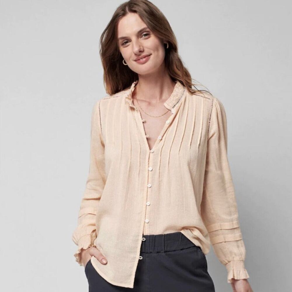 Faherty Willa Button Down Peasant Blouse Light Pink Pin Tuck Ruffle Collar Small - Picture 1 of 8